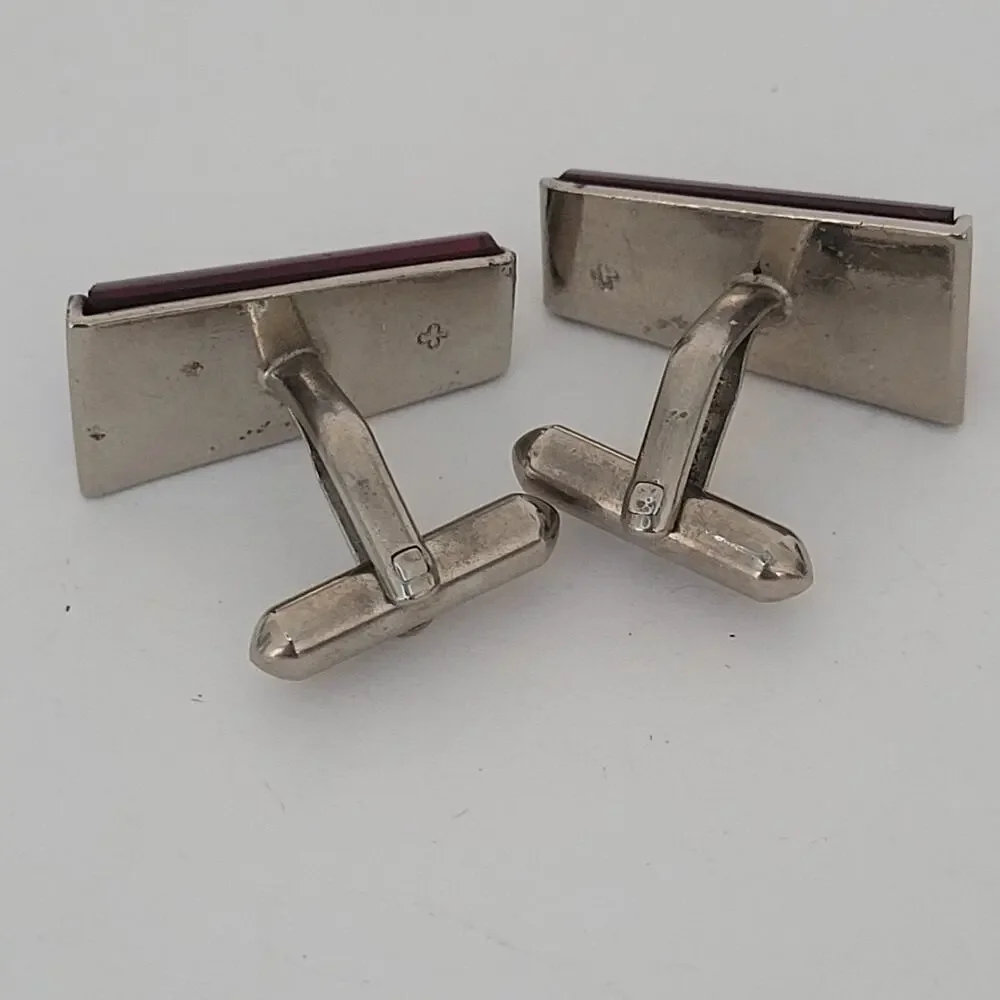 Cufflinks Silver Tone Brown Rectangle Cabochon Cufflinks Vintage Retro